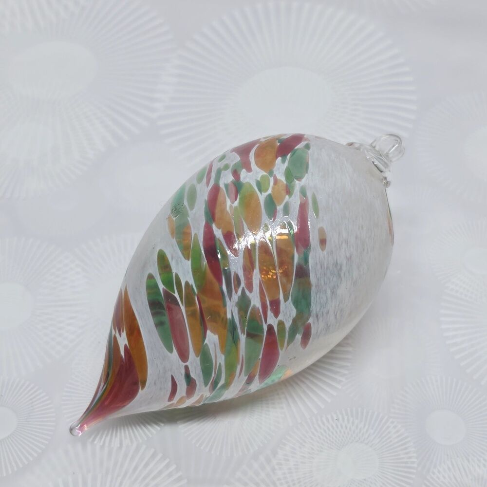 Hand Blown Speckled Glass Pointed Teardrop Christmas Ornament White Orange Green